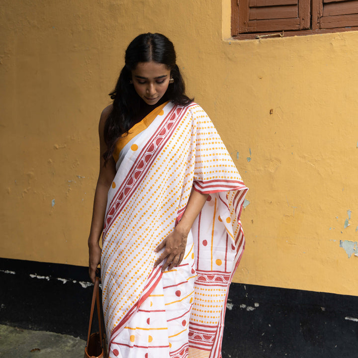 Chai Break - Mul Cotton Hand Block Printed Saree