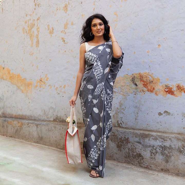 Chandni Gray Hand Painted Batik Mul Mul Cotton Saree