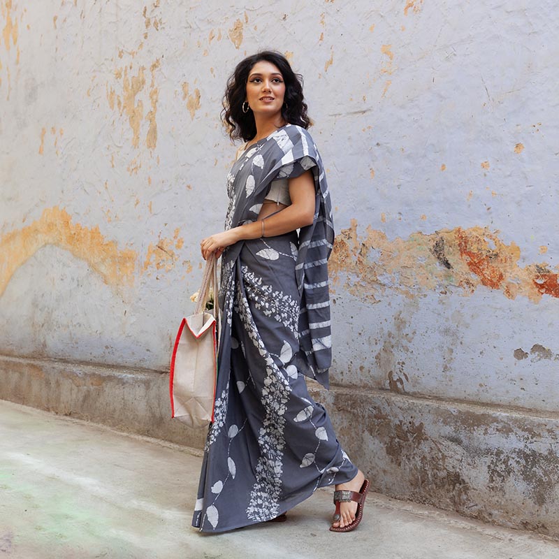 Chandni Gray Hand Painted Batik Mul Mul Cotton Saree