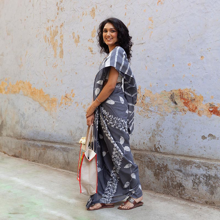 Chandni Gray Hand Painted Batik Mul Mul Cotton Saree