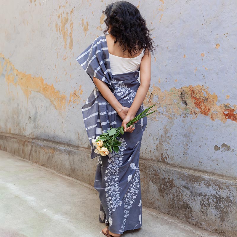 Chandni Gray Hand Painted Batik Mul Mul Cotton Saree