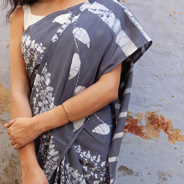 Chandni Gray Hand Painted Batik Mul Mul Cotton Saree