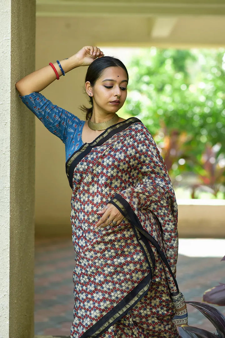 Chinese Checkers- Hand Block Print Chanderi Silk Saree