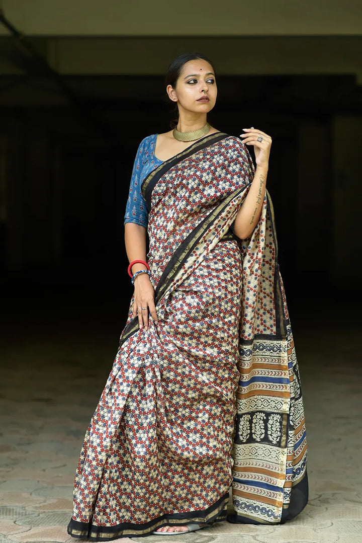 Chinese Checkers- Hand Block Print Chanderi Silk Saree