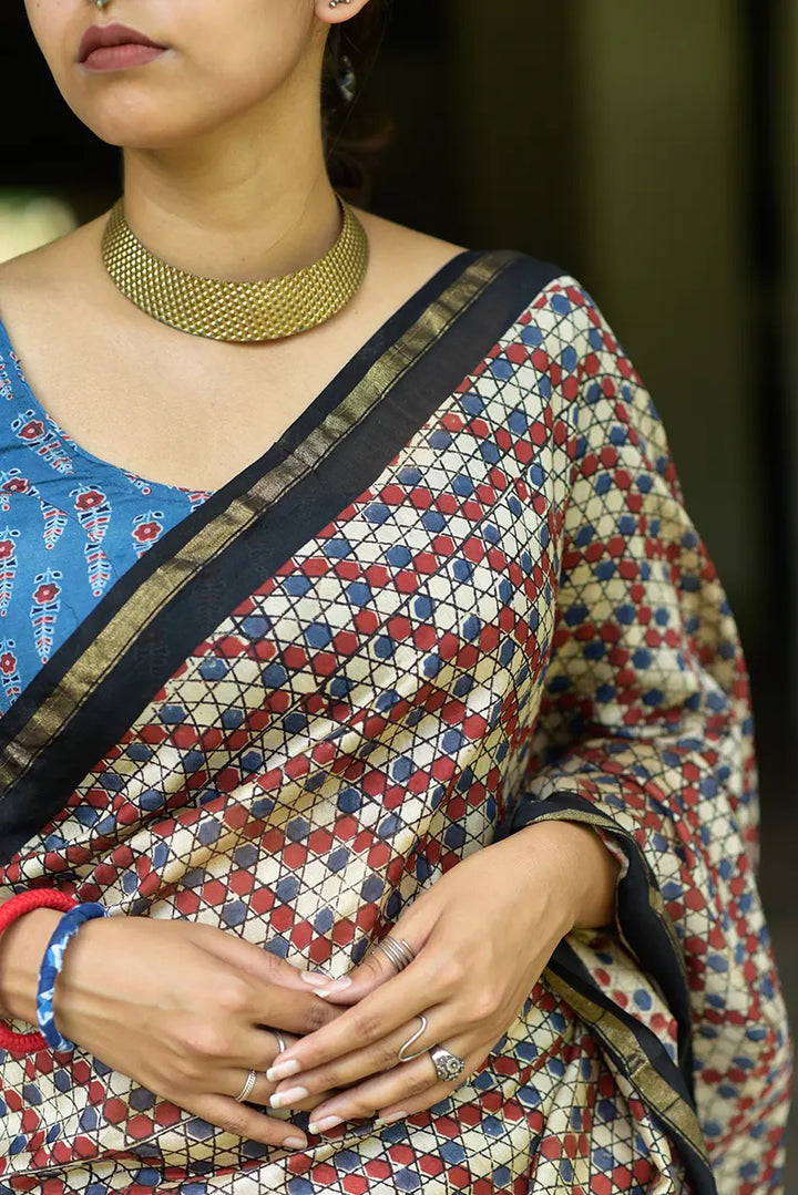 Chinese Checkers- Hand Block Print Chanderi Silk Saree