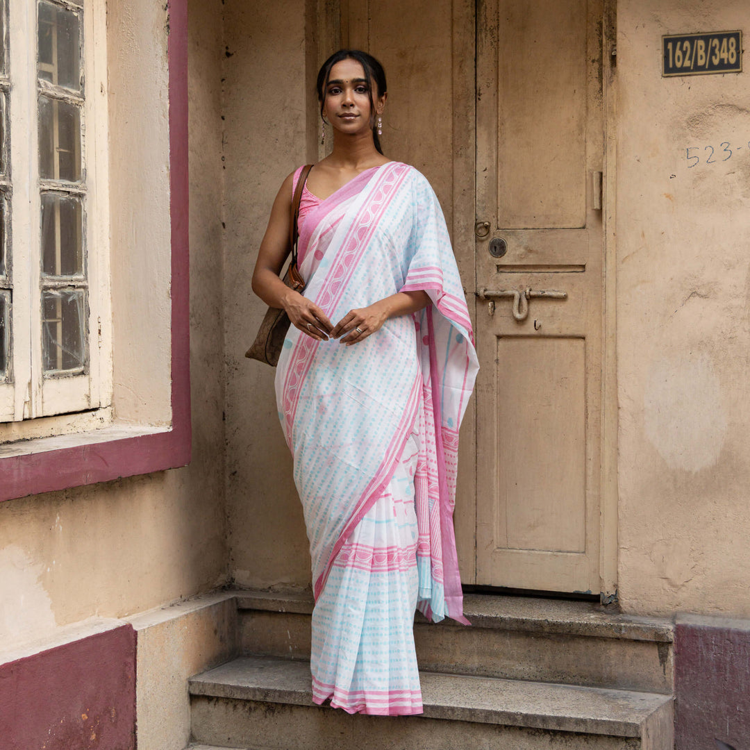 City breeze - Mul Cotton Hand Block Printed Saree