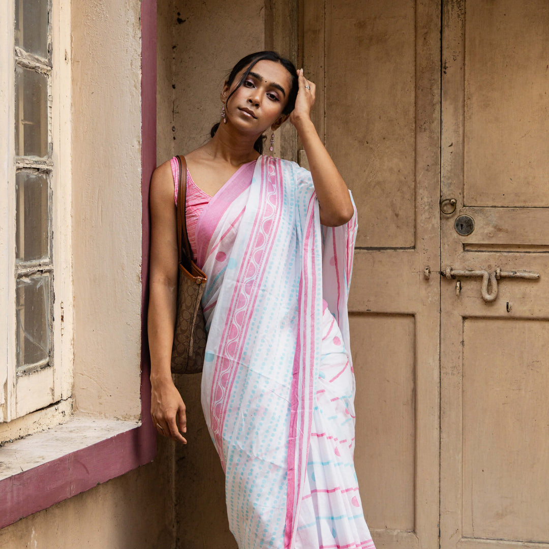 City breeze - Mul Cotton Hand Block Printed Saree