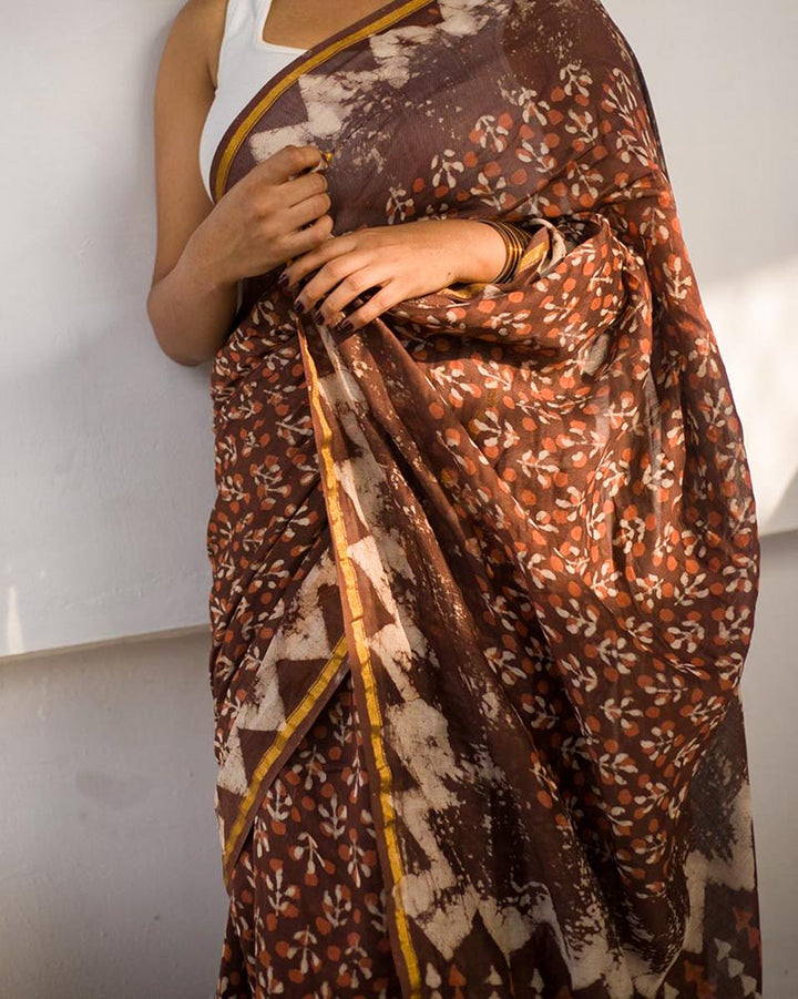 Cocoa Blossom - Hand Block Print Chanderi Silk Bagru Saree