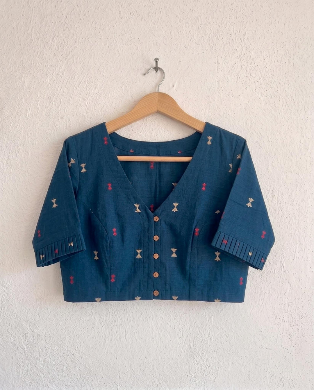 9AM button down blouse with elbow sleeve - Blue Handwoven