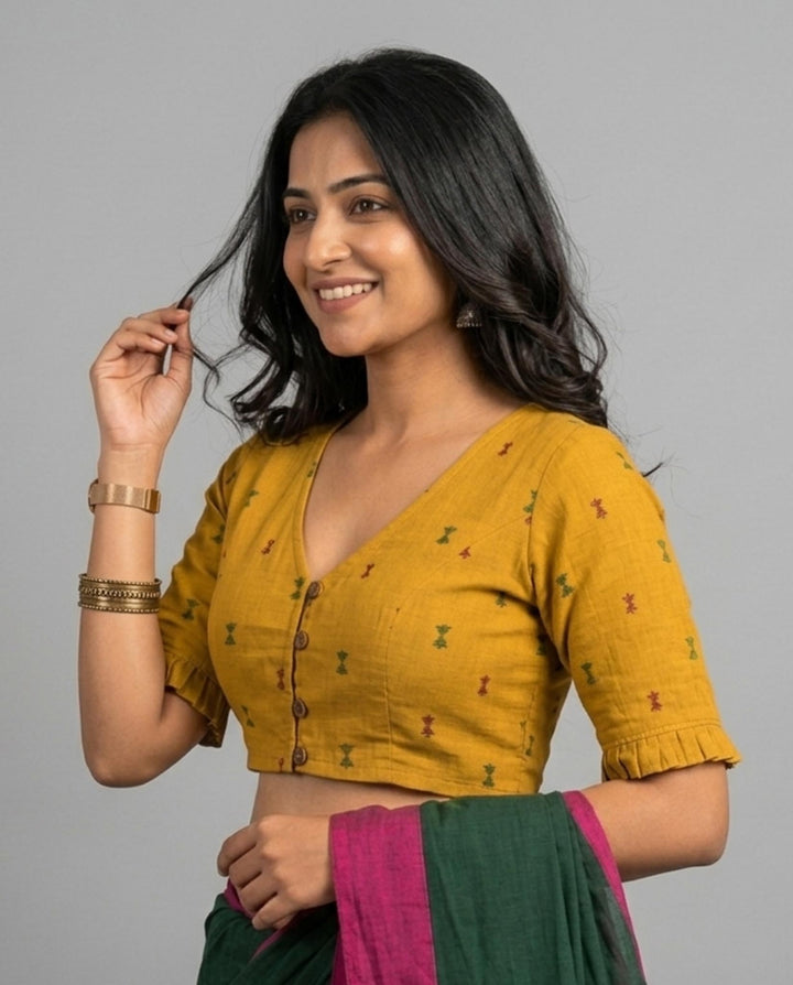 9AM button down blouse with elbow sleeve - Mustard Handwoven