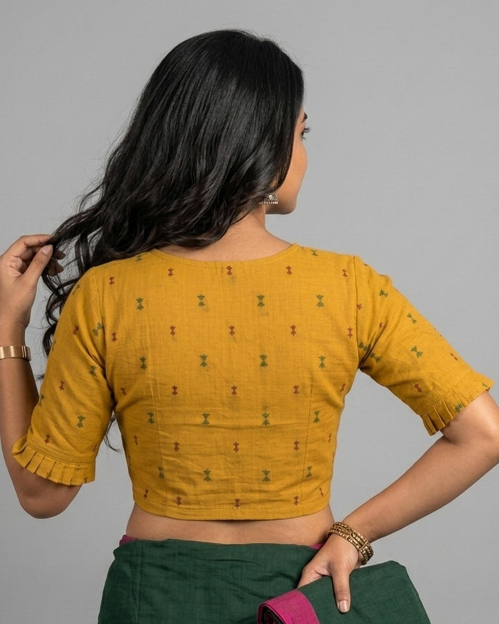 9AM button down blouse with elbow sleeve - Mustard Handwoven