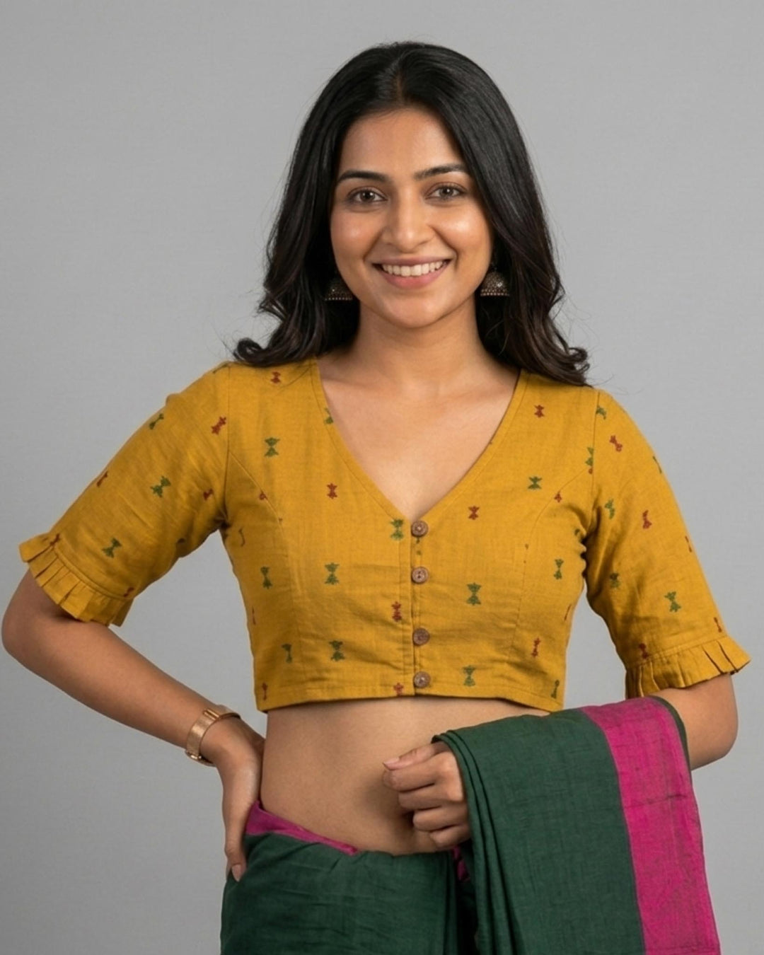9AM button down blouse with elbow sleeve - Mustard Handwoven