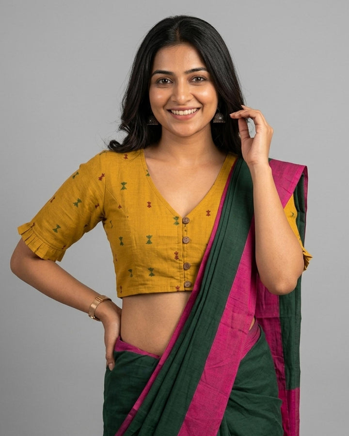 9AM button down blouse with elbow sleeve - Mustard Handwoven