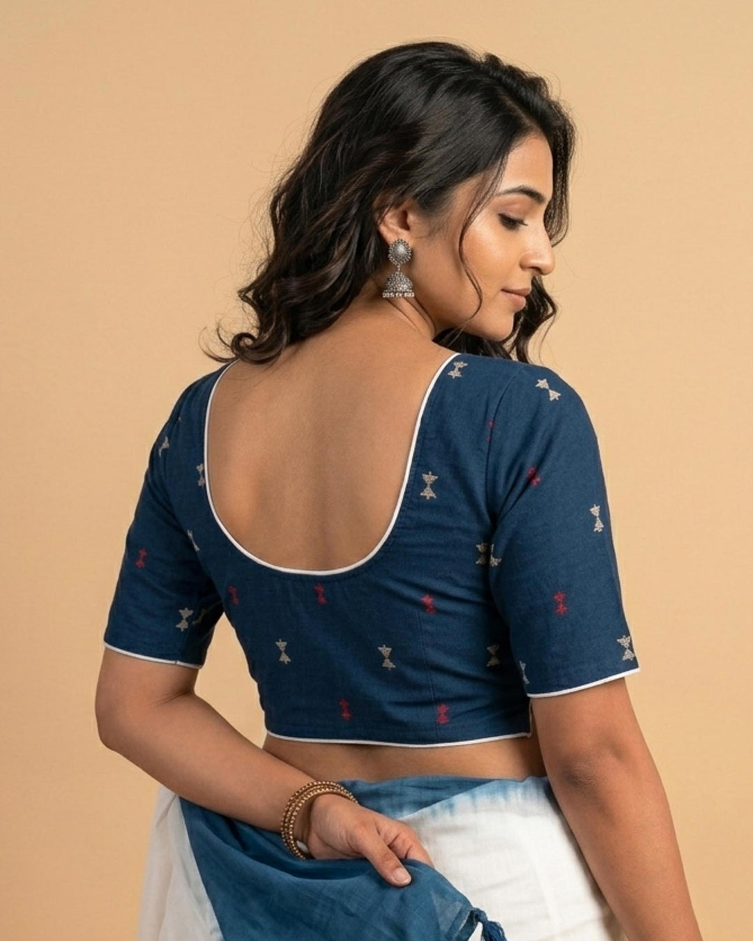 Rekha Cotton Blouse Dark Blue with contrast piping