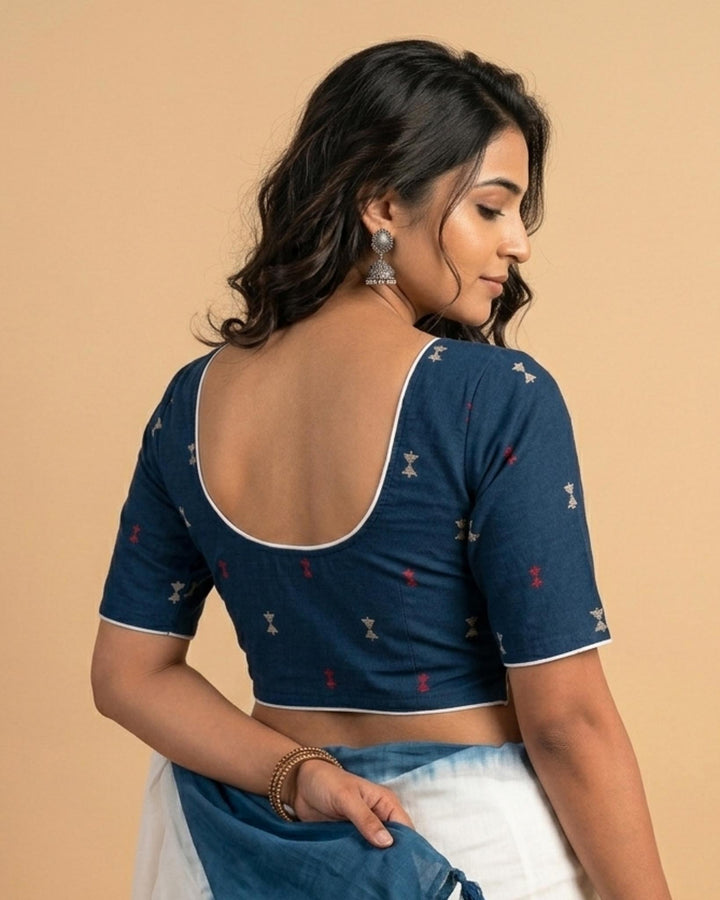 Rekha Cotton Blouse Dark Blue with contrast piping