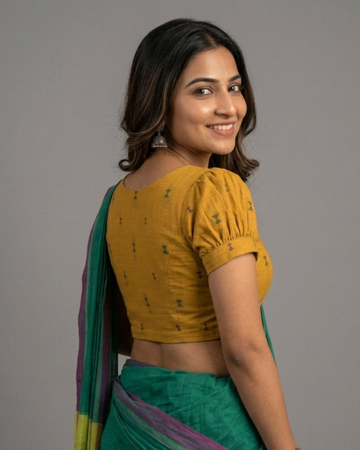 Subtle days V-neck Mustard Blouse with Puff Sleeves
