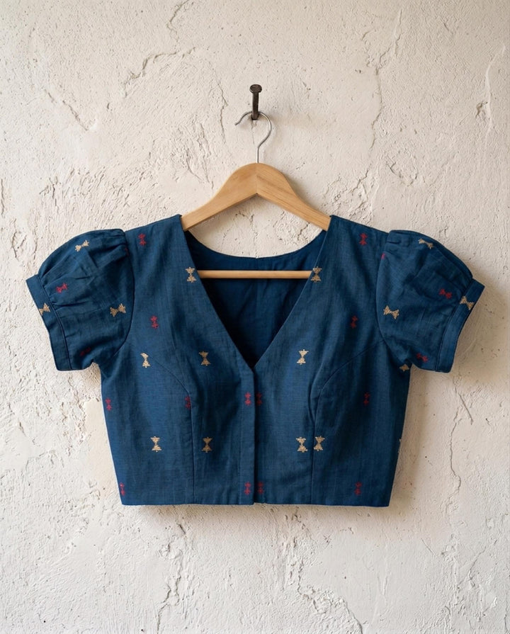 Subtle days V-neck Blue Blouse with Puff Sleeves
