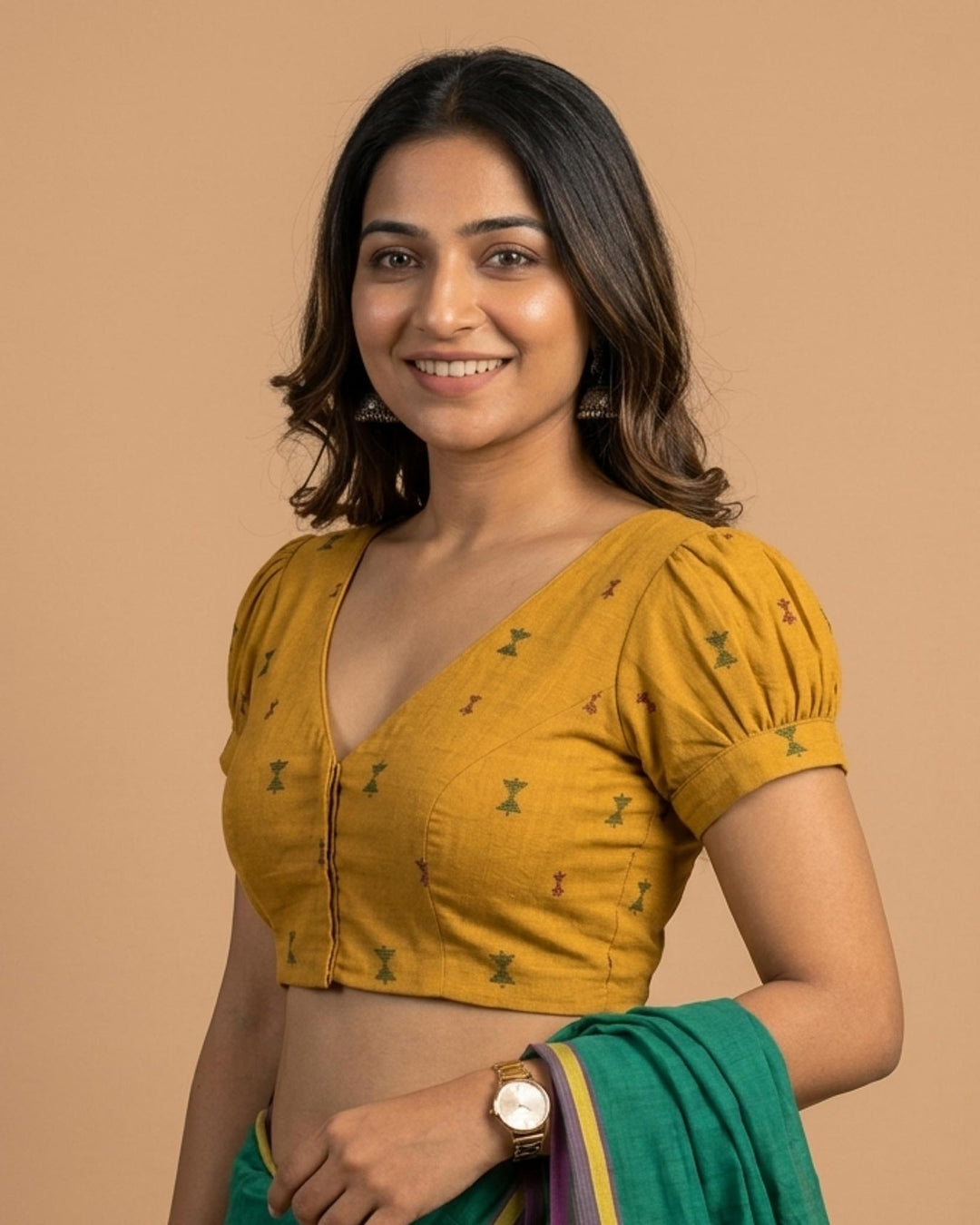 Subtle days V-neck Mustard Blouse with Puff Sleeves