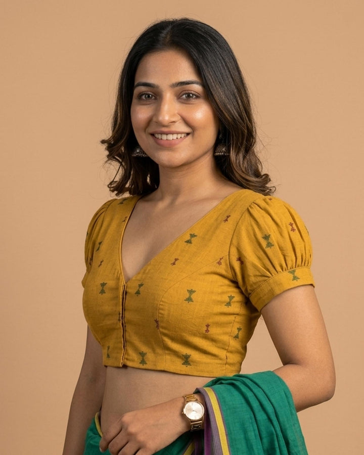 Subtle days V-neck Mustard Blouse with Puff Sleeves