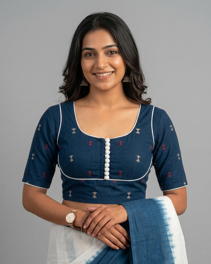 Rekha Cotton Blouse Dark Blue with contrast piping