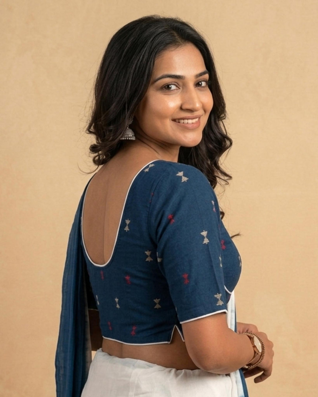Rekha Cotton Blouse Dark Blue with contrast piping
