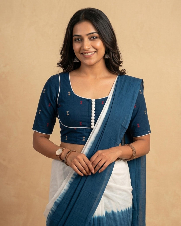 Rekha Cotton Blouse Dark Blue with contrast piping