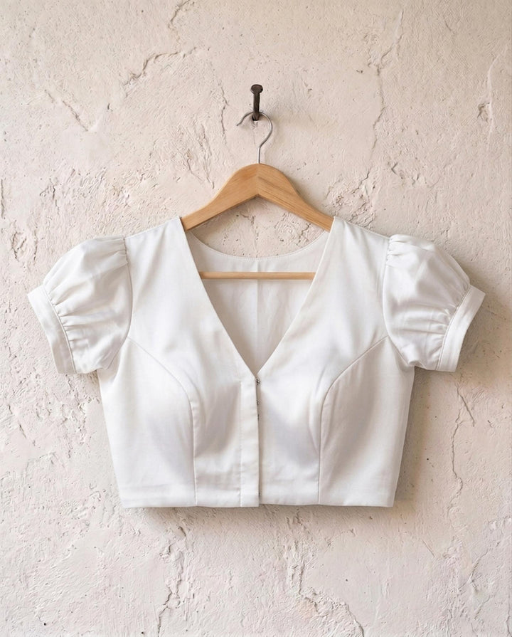 Subtle days V-neck Blouse with Puff Sleeves - White Art Silk