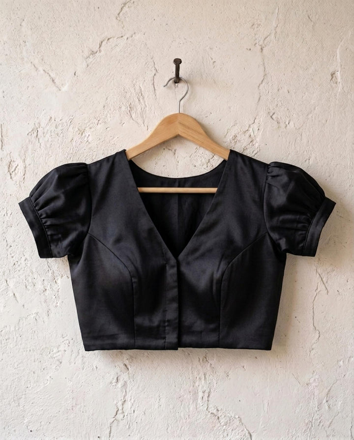Subtle days V-neck Blouse with Puff Sleeves - Black Art Silk