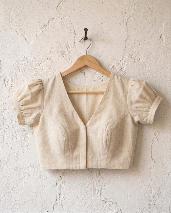 Subtle days V-neck Blouse with Puff Sleeves - Solid Off White Flex Cotton