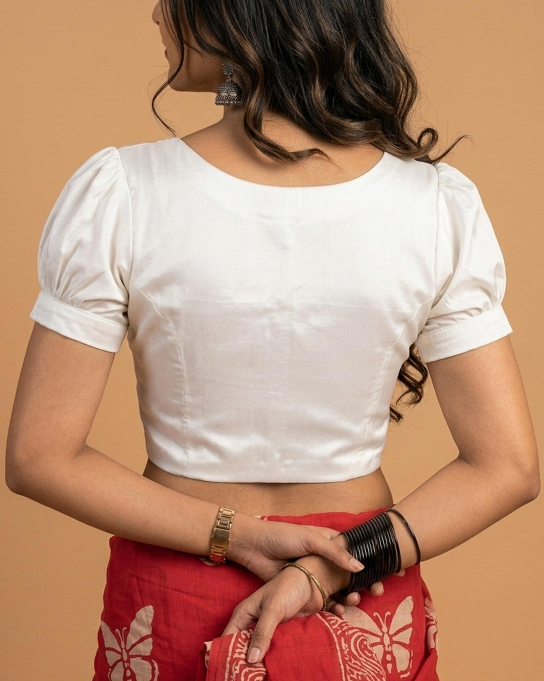 Subtle days V-neck Blouse with Puff Sleeves - White Art Silk