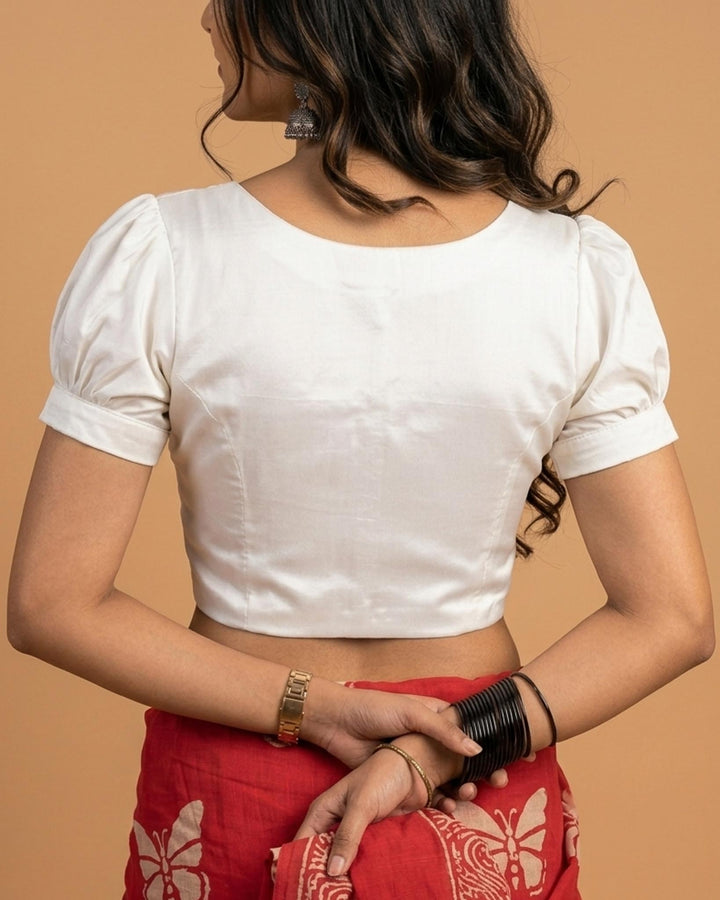 Subtle days V-neck Blouse with Puff Sleeves - White Art Silk