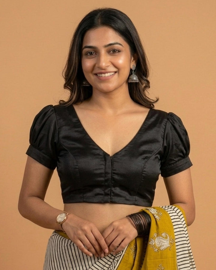 Subtle days V-neck Blouse with Puff Sleeves - Black Art Silk