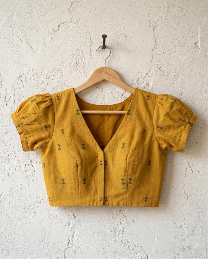 Subtle days V-neck Mustard Blouse with Puff Sleeves