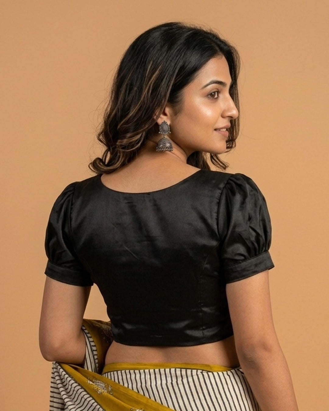 Subtle days V-neck Blouse with Puff Sleeves - Black Art Silk