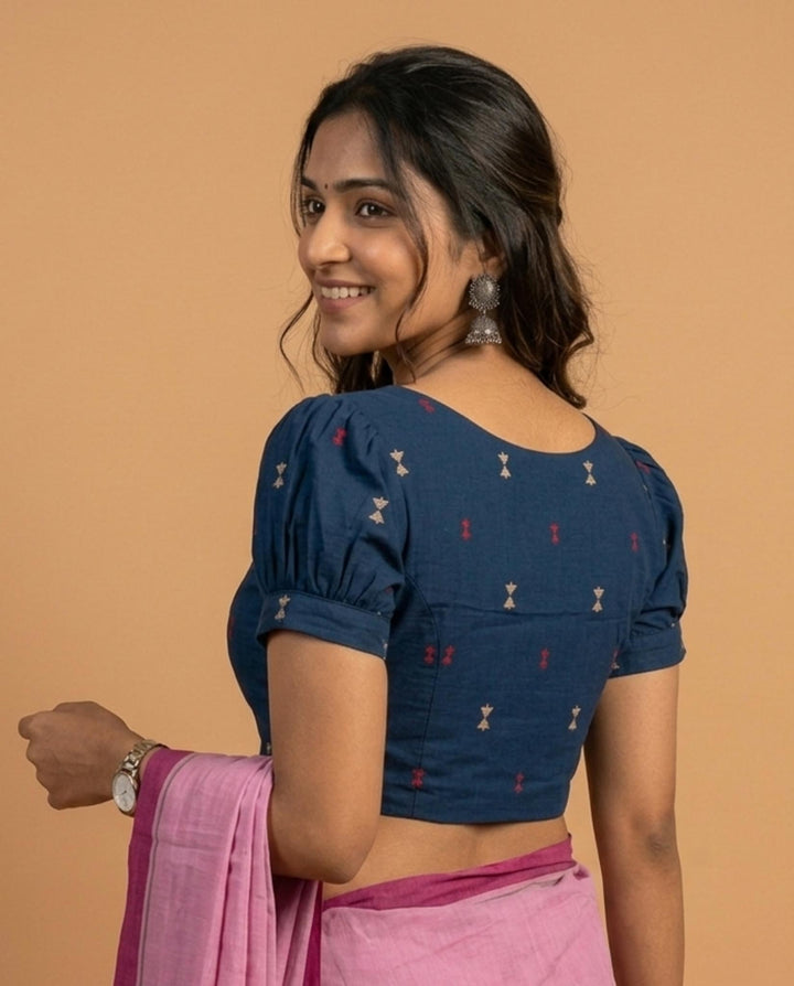 Subtle days V-neck Blue Blouse with Puff Sleeves