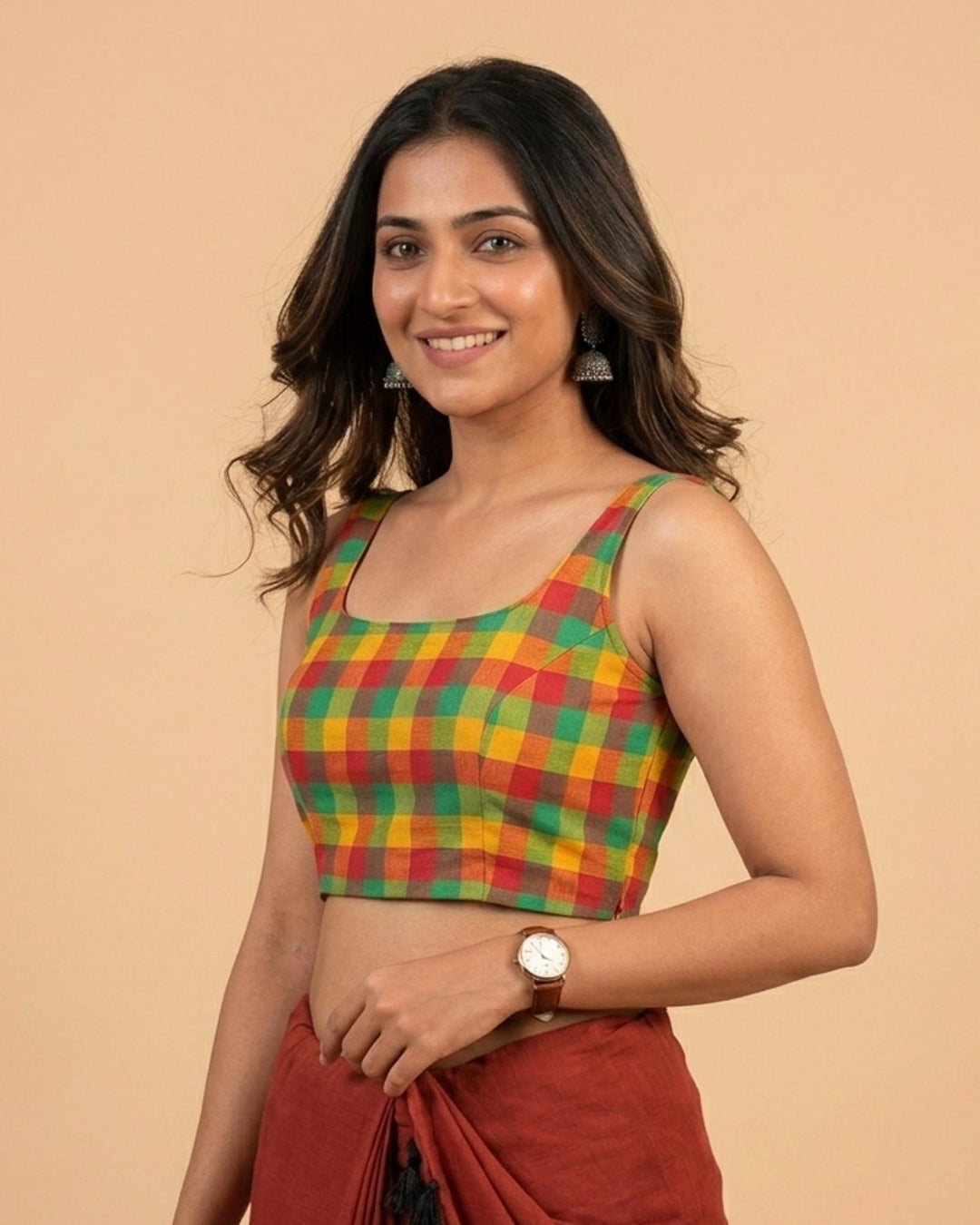 Madras Checks Sleeveless Readymade Blouse with U neck - Multicolor 2
