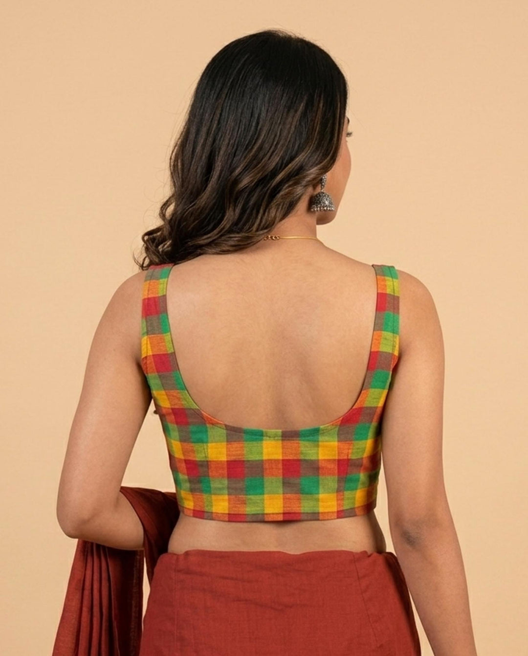 Madras Checks Sleeveless Readymade Blouse with U neck - Multicolor 2
