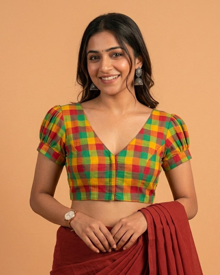 Subtle days V-neck Blouse with Puff Sleeves - Multicolor 3
