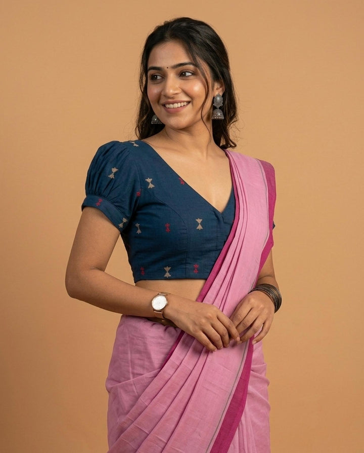 Subtle days V-neck Blue Blouse with Puff Sleeves