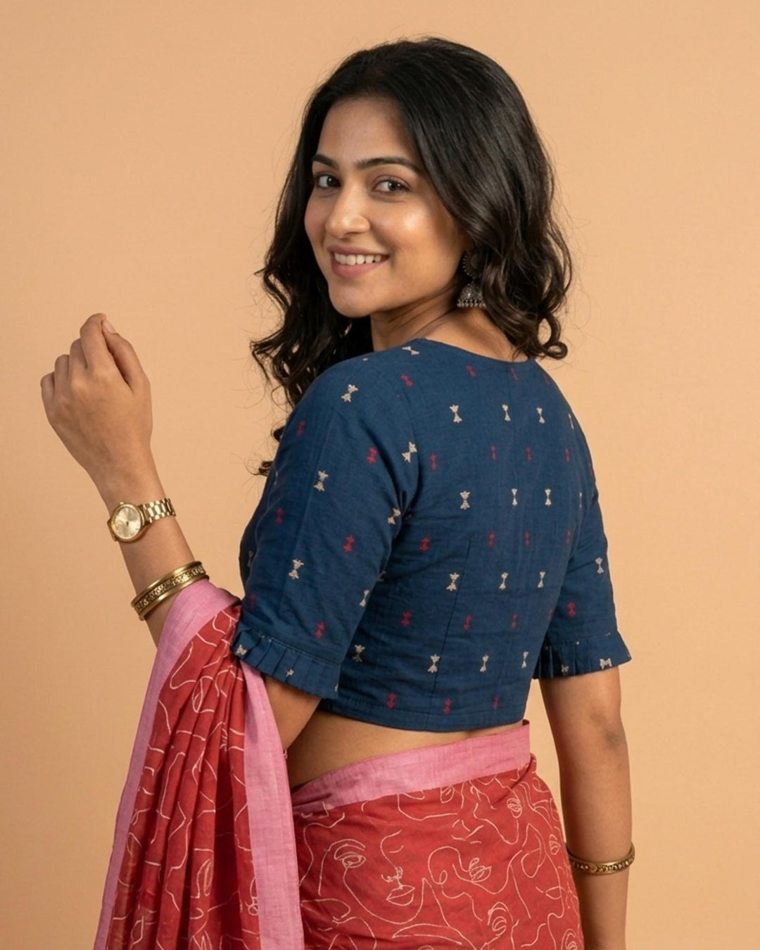 9AM button down blouse with elbow sleeve - Blue Handwoven