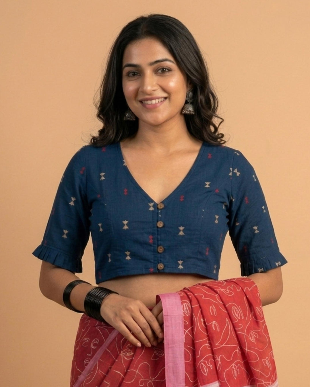 9AM button down blouse with elbow sleeve - Blue Handwoven