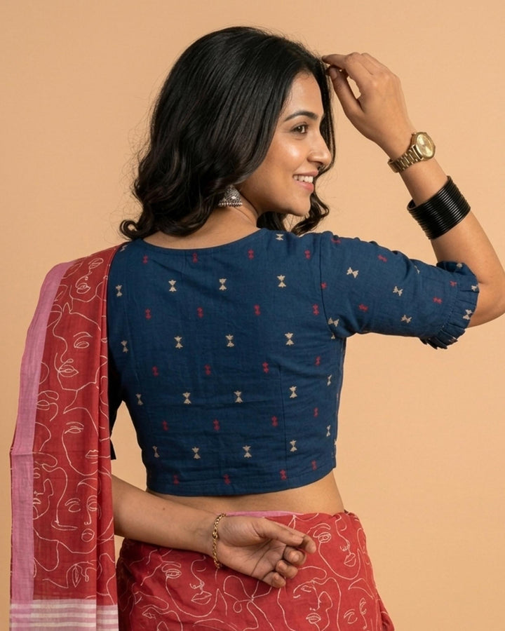 9AM button down blouse with elbow sleeve - Blue Handwoven