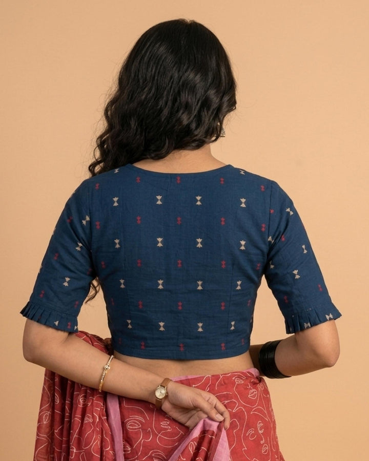 9AM button down blouse with elbow sleeve - Blue Handwoven