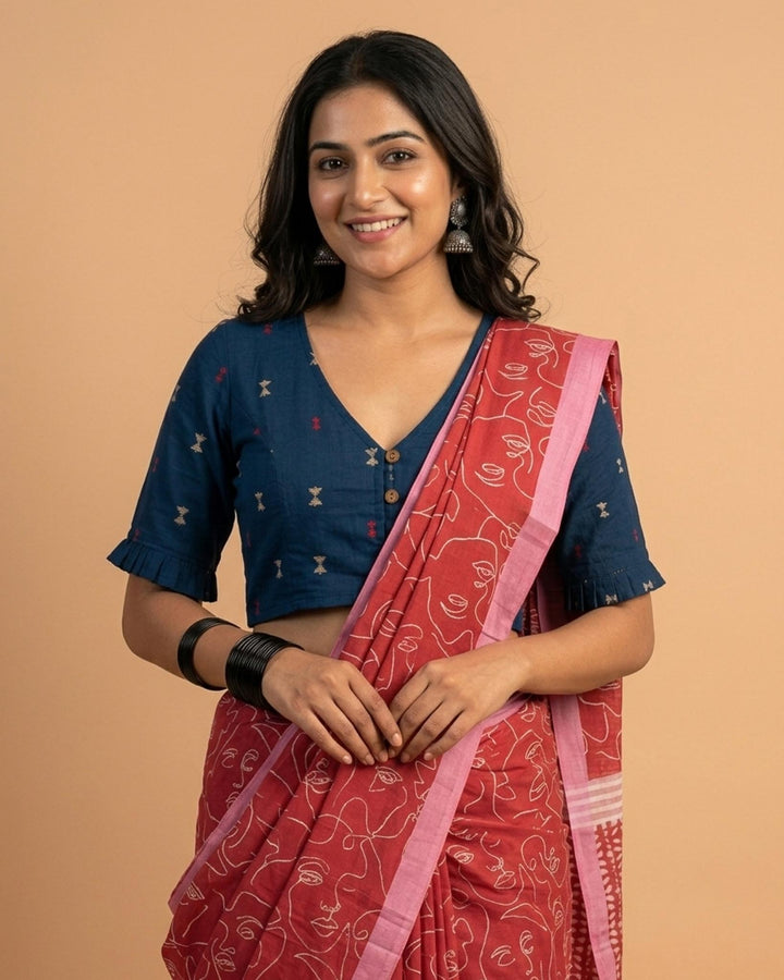 9AM button down blouse with elbow sleeve - Blue Handwoven