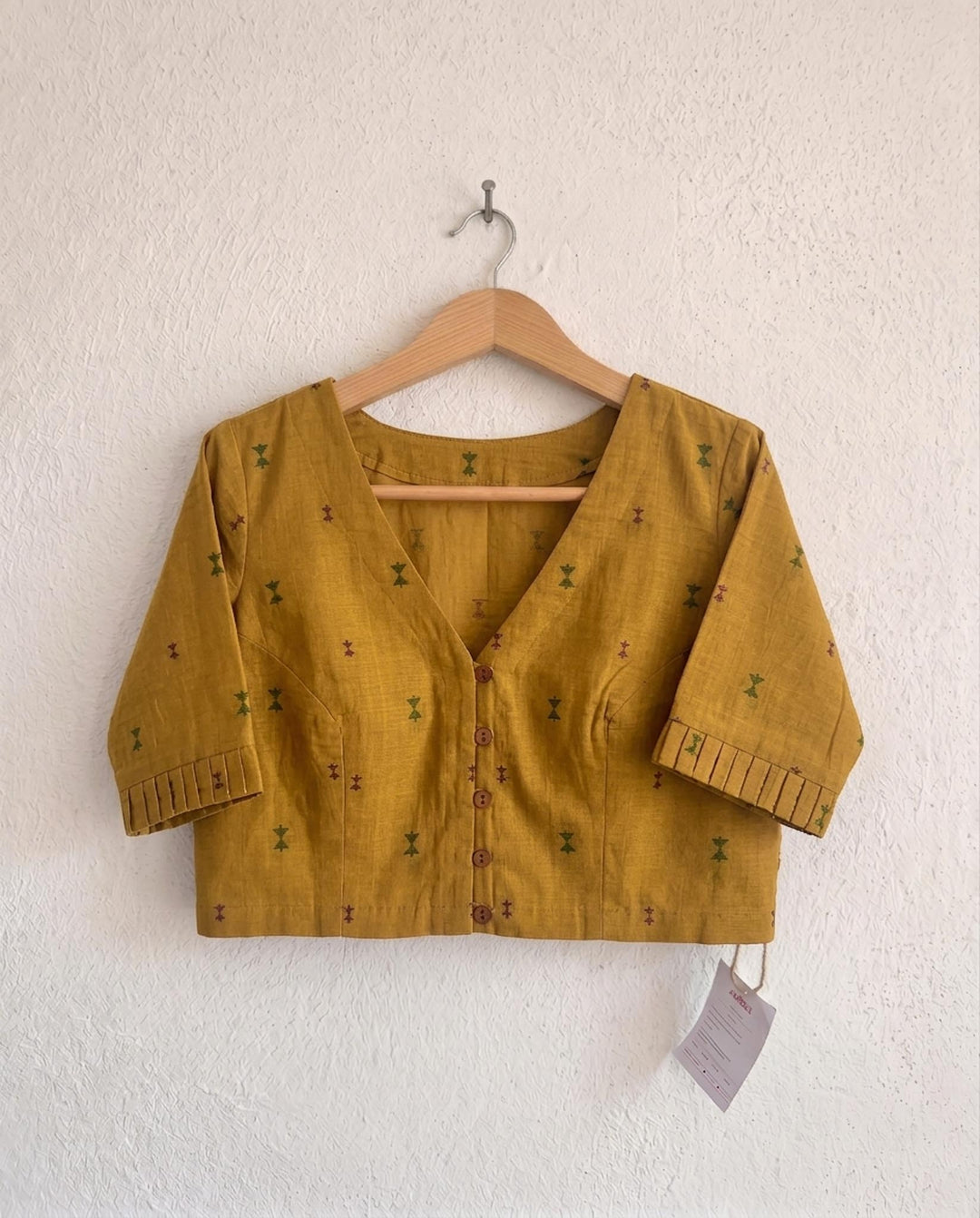9AM button down blouse with elbow sleeve - Mustard Handwoven