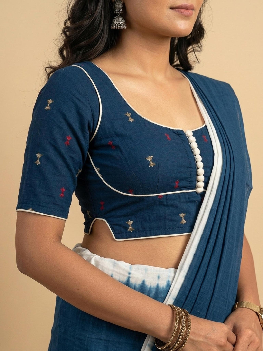 Rekha Cotton Blouse Dark Blue with contrast piping