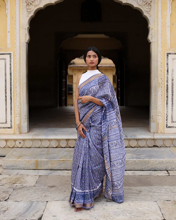 Cornflower Blue - Hand Block Print Maheshwari Silk Saree