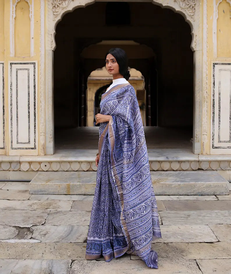 Cornflower Blue - Hand Block Print Maheshwari Silk Saree