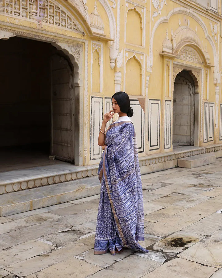 Cornflower Blue - Hand Block Print Maheshwari Silk Saree