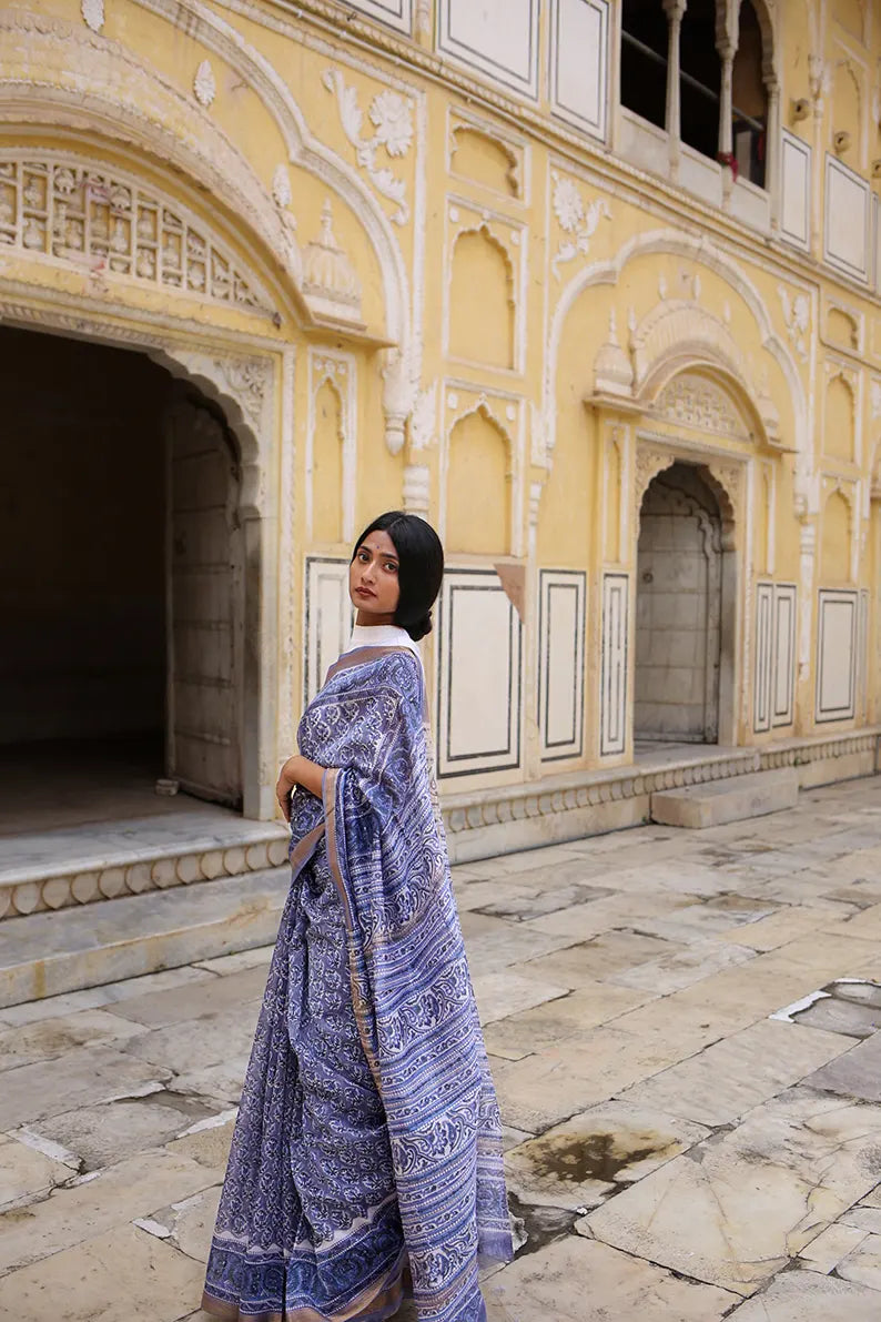 Cornflower Blue - Hand Block Print Maheshwari Silk Saree